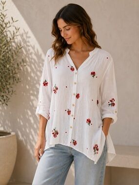 Sapphire Embroidered Floral Blouse Womens Medium White Boho Top